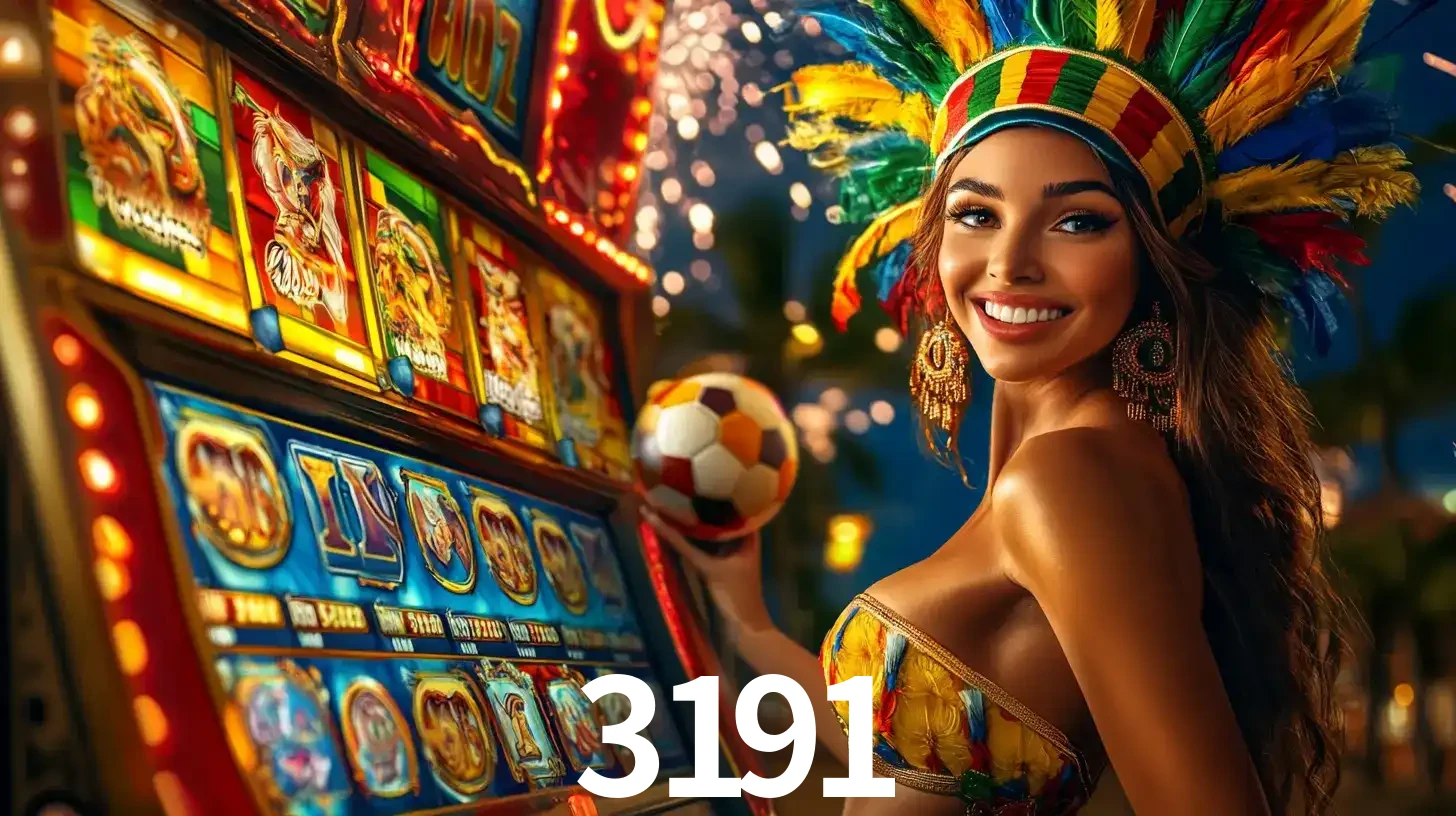 Mulher com um cocar de carnaval ao lado de uma máquina de caça-níqueis enquanto segura uma bola de futebol, mostrando a união da diversão de cassino e esportes no 3191.