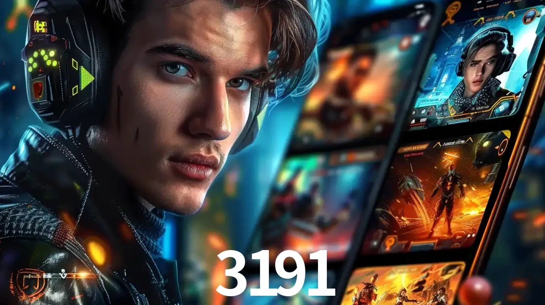 Jovem jogador com fones de ouvido olhando para a câmera, com um aplicativo de jogos e e-sports para celular ao fundo, pronto para a competição e apostas no 3191.