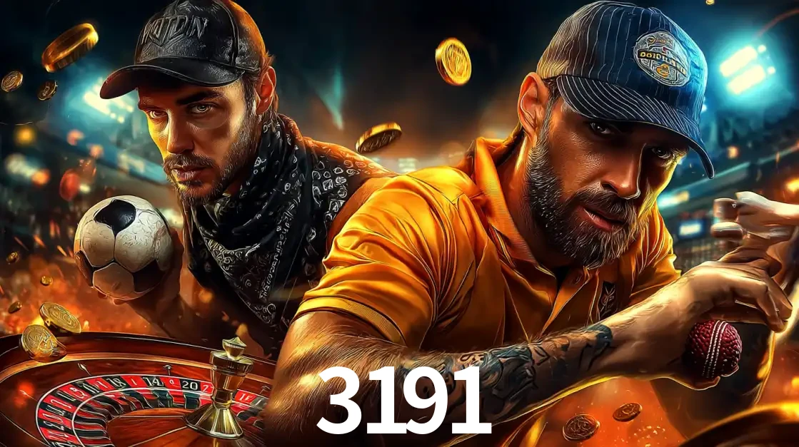 Montagem de apostas esportivas e cassino no 3191, com um homem segurando uma bola de futebol e outro uma de beisebol sobre uma roleta e moedas voadoras.