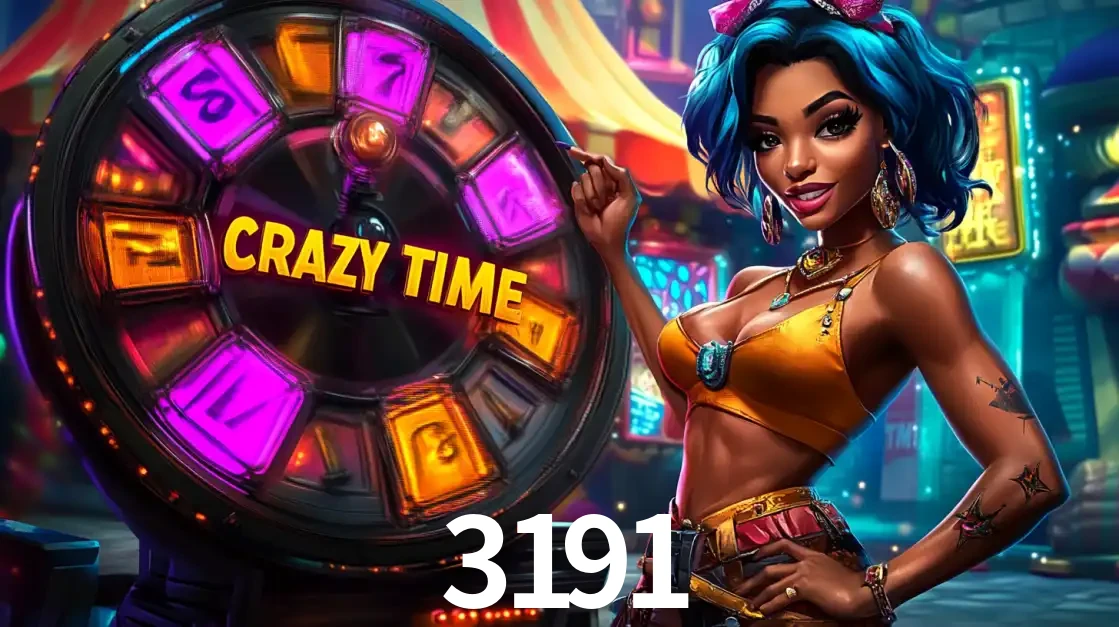 Mulher estilizada com cabelo azul e visual vibrante posando ao lado da roda de prêmios do game show Crazy Time, convidando para a diversão e os bônus do cassino 3191.