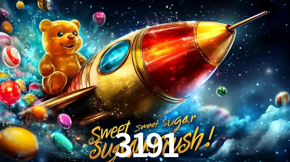 Arte promocional do jogo de slot Sugar Rush, com um urso de pelúcia em um foguete viajando pelo espaço de doces, um dos jogos divertidos disponíveis no cassino 3191.