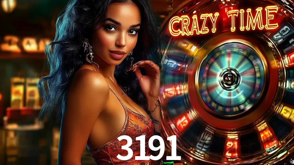 Mulher elegante ao lado da vibrante roda da fortuna do jogo de cassino ao vivo Crazy Time, um dos game shows mais populares e cheios de prêmios do 3191.