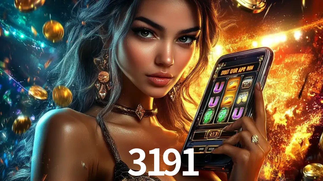 Mulher elegante mostrando um jogo de caça-níqueis em seu smartphone, destacando a experiência de cassino móvel oferecida pelo aplicativo 3191.