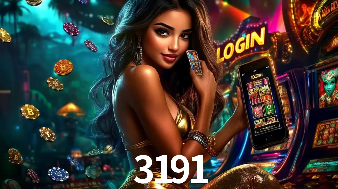 Mulher em um cenário de cassino temático de aventura, mostrando o app de caça-níqueis da 3191 no celular. Fichas de apostas flutuam ao redor.