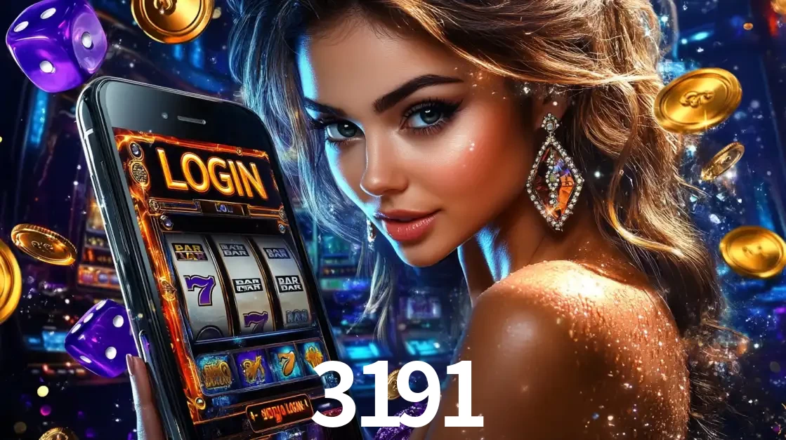 Mulher glamorosa segurando um smartphone com a tela de login para os jogos de caça-níqueis do cassino online 3191, com moedas de ouro e dados ao redor.