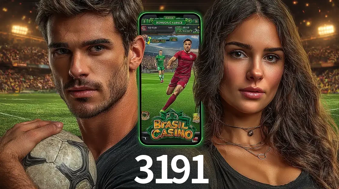 Homem segurando uma bola de futebol e uma mulher ao lado de um smartphone exibindo o jogo de apostas esportivas da 3191. Faça seu palpite no cassino online.